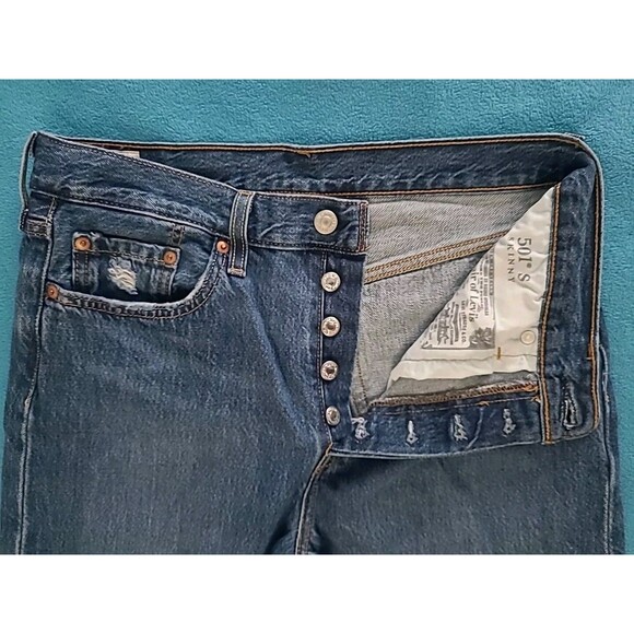 Levis Premium Womens 501 S Skinny Button Fly Jeans Distressed Big E Modern 28x30 - Picture 9 of 16
